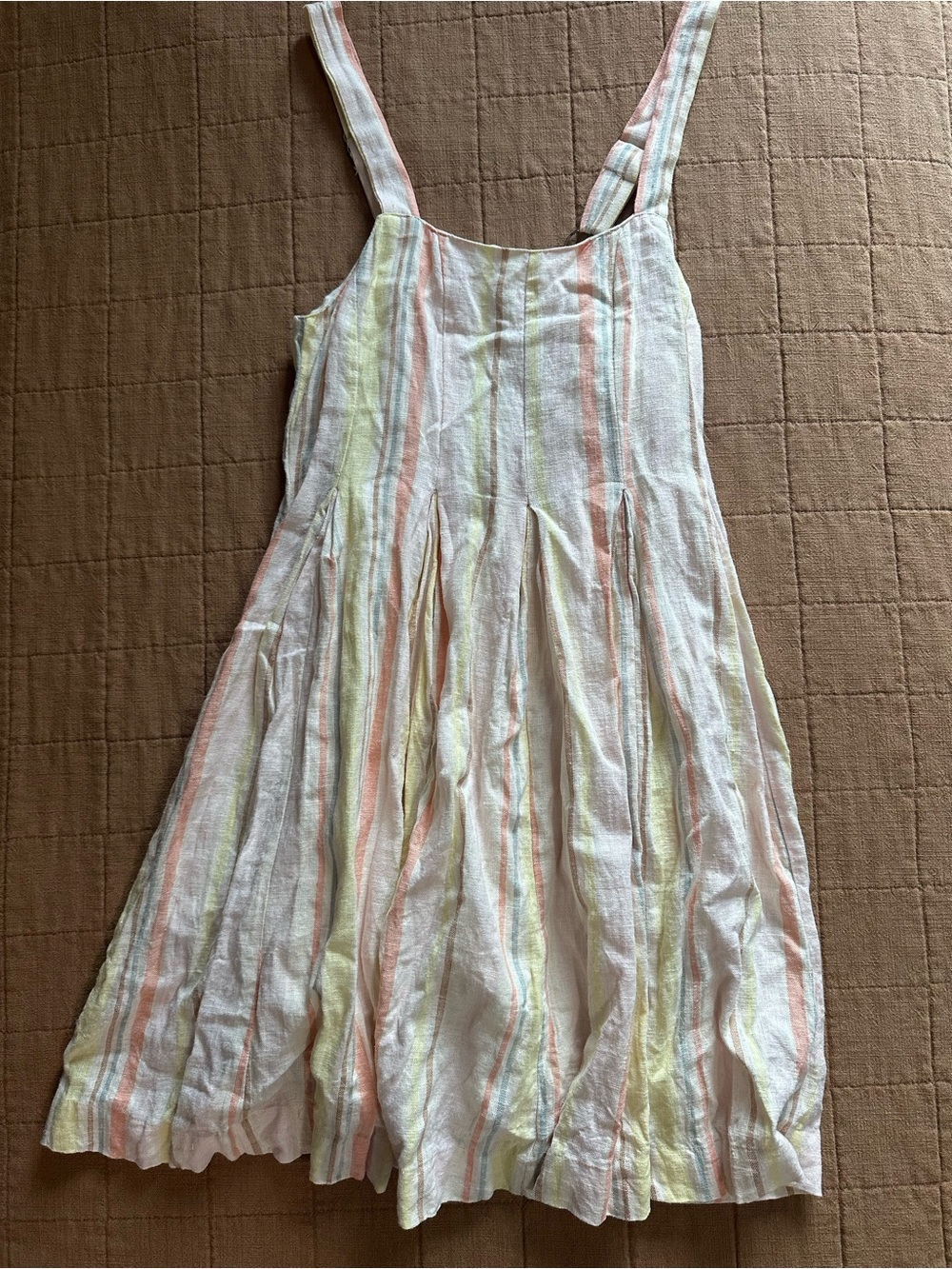 Carly Jean Los Angeles White linen Sundress with Pastel Pink and Yellow Stripes